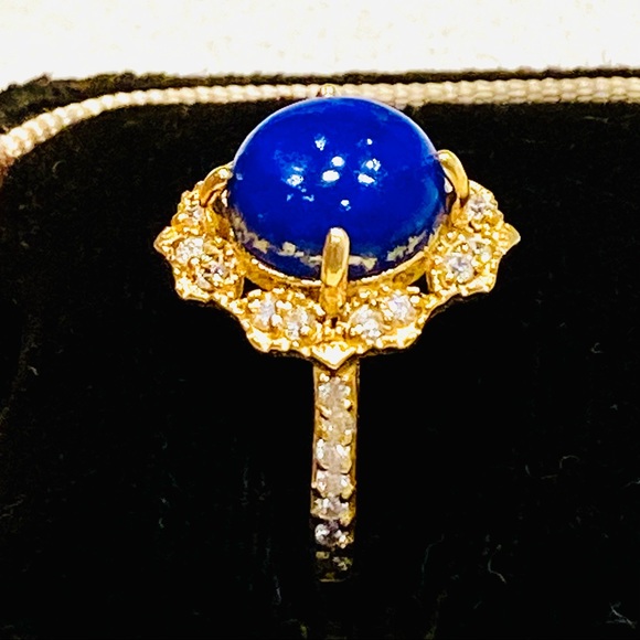 Cocktail Ring Size 6 Lapis Lazuli Cabochon & Diamonds - Picture 4 of 15